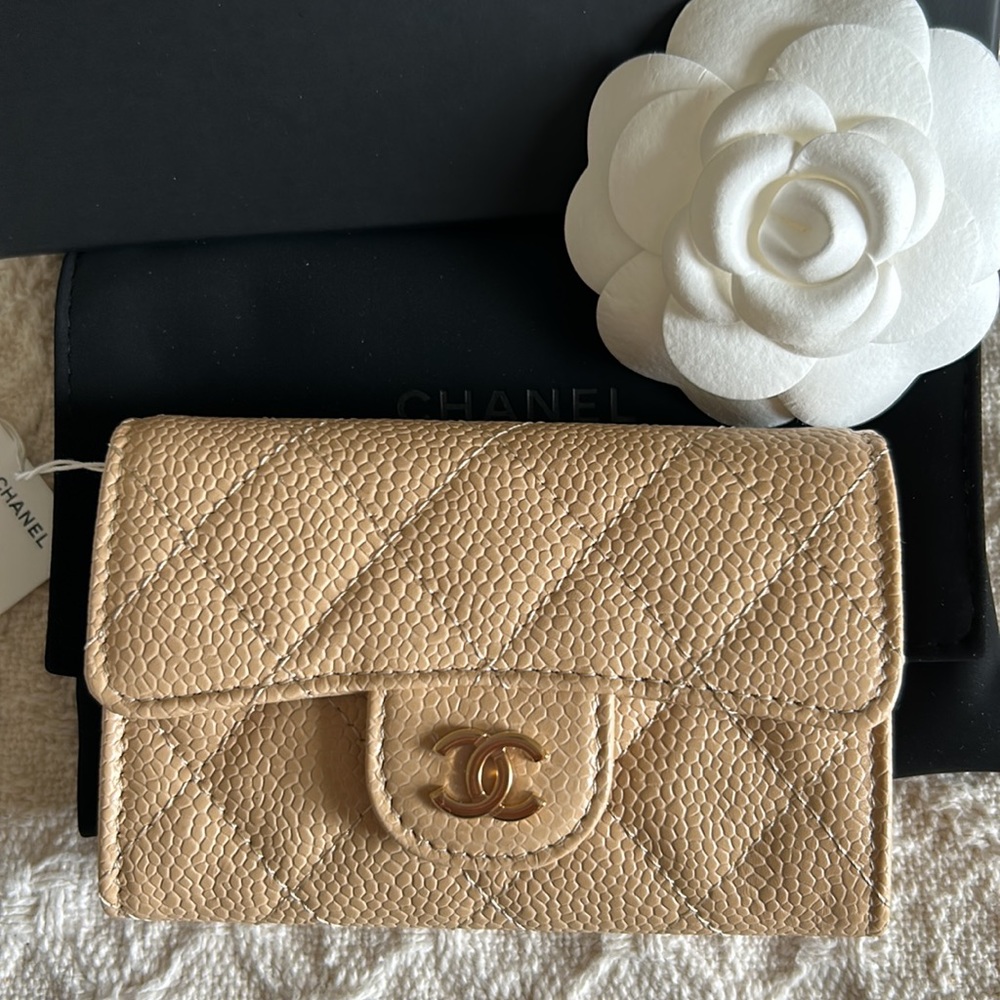 Chanel Flap Card Holder Caviar Beige REV